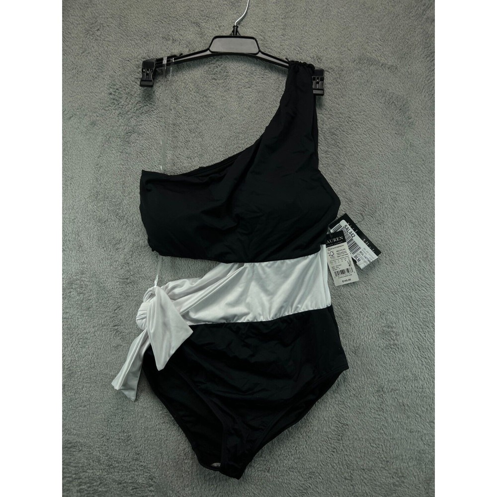 NWT Lauren Ralph Lauren One Piece Swimsuit Cutout One Shoulder Womens 10 Black